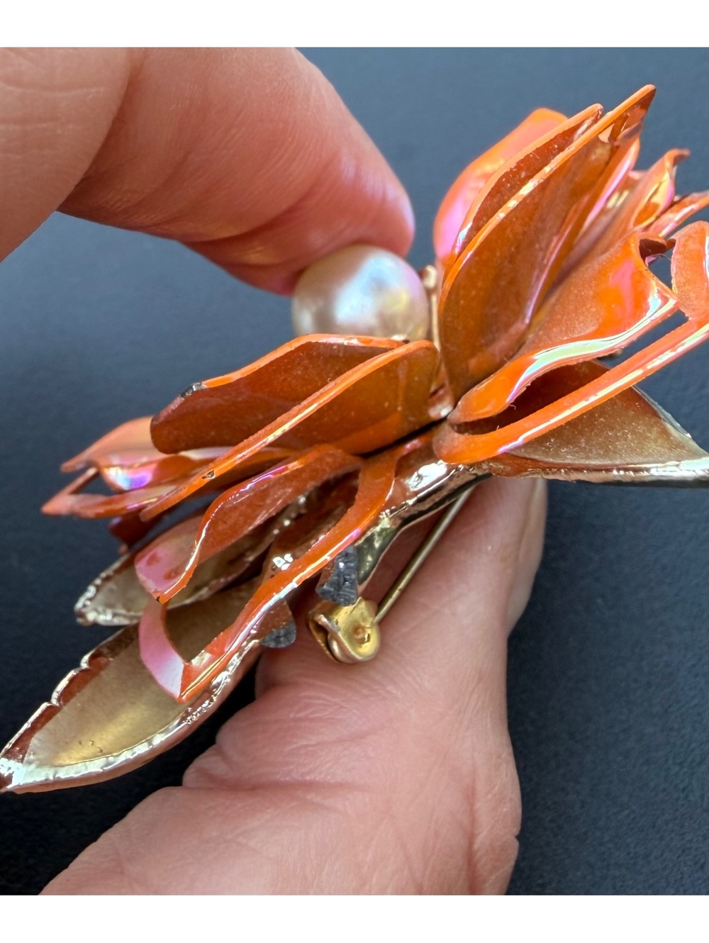 Vintage Iridescent Orange Enamel Flower Brooch Faux Pearl - Picture 4 of 6